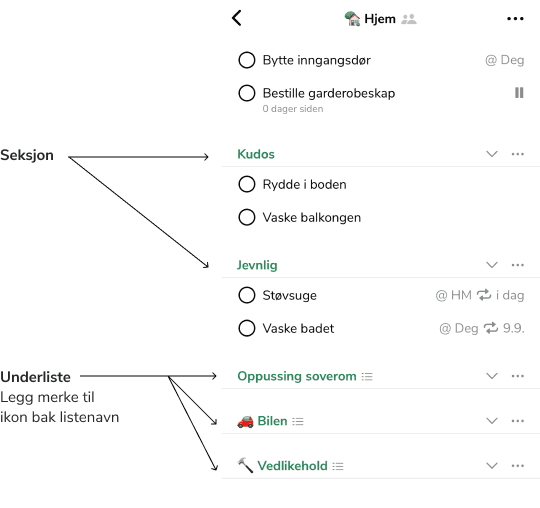 Liste med underlister og seksjoner